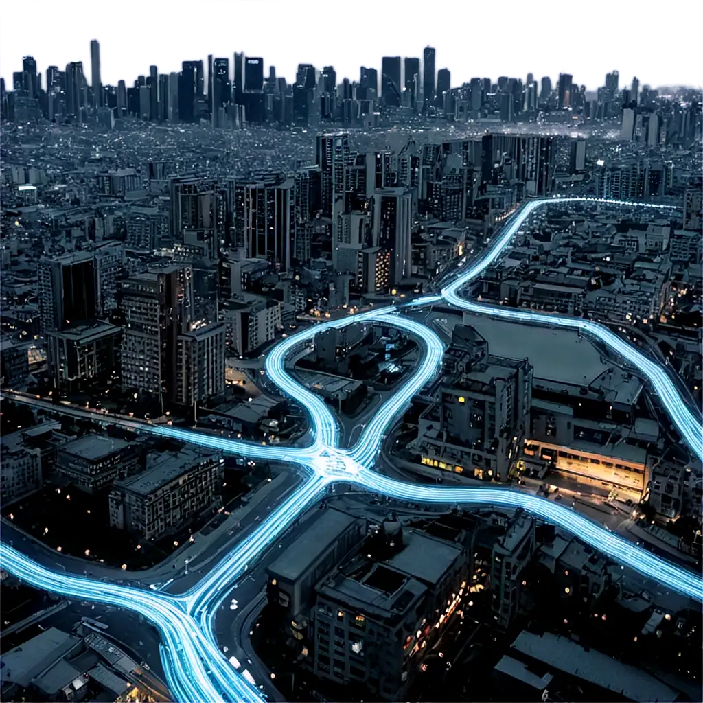 Cityscape-with-Interconnected-Digital-Lines-PNG-Artistic-Representation-of-Urban-Connectivity