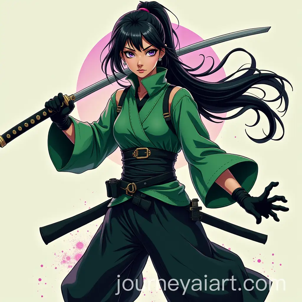 Ninja-Woman-with-Dual-Kamas-in-Green-Black-and-Violet-Theme