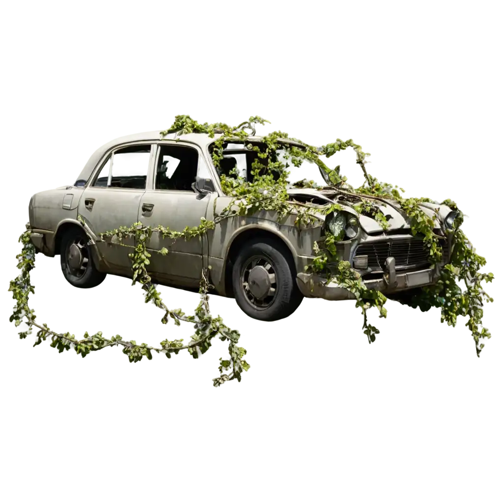 a broken rotten car overgrown with vines