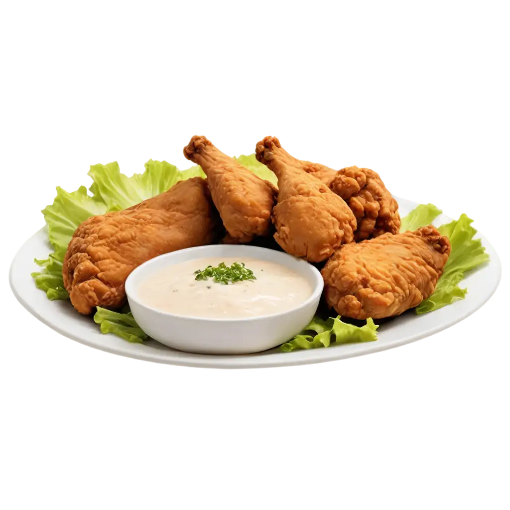 Fried-Chicken-with-Sauce-and-Salad-on-a-White-Plate-PNG-Perfect-for-Culinary-Visuals