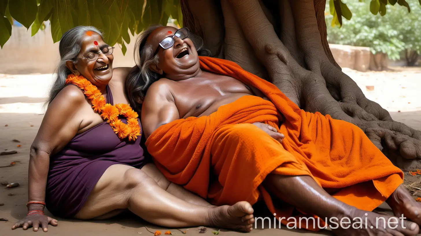 Elderly Hindu Woman Monk Sleeping Under Ashram Tree with Bodybuilder