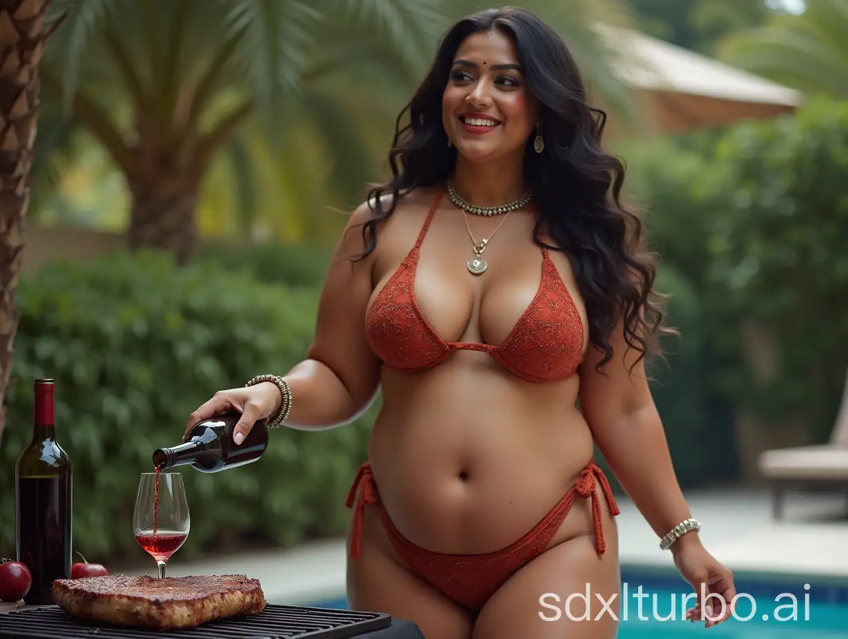 Indian-Woman-Enjoying-BBQ-Steak-and-Wine-Poolside