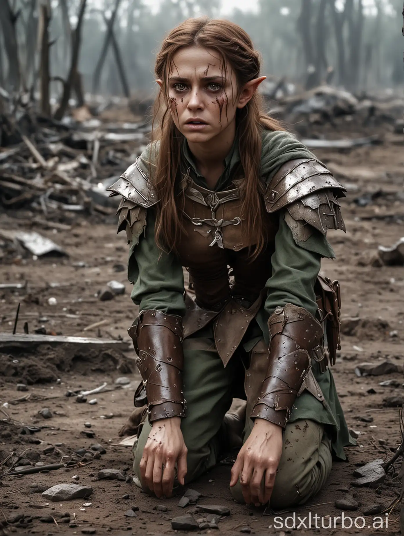 Wounded-Female-Elf-General-Kneeling-on-Desolate-Battlefield-with-Facial-Injuries