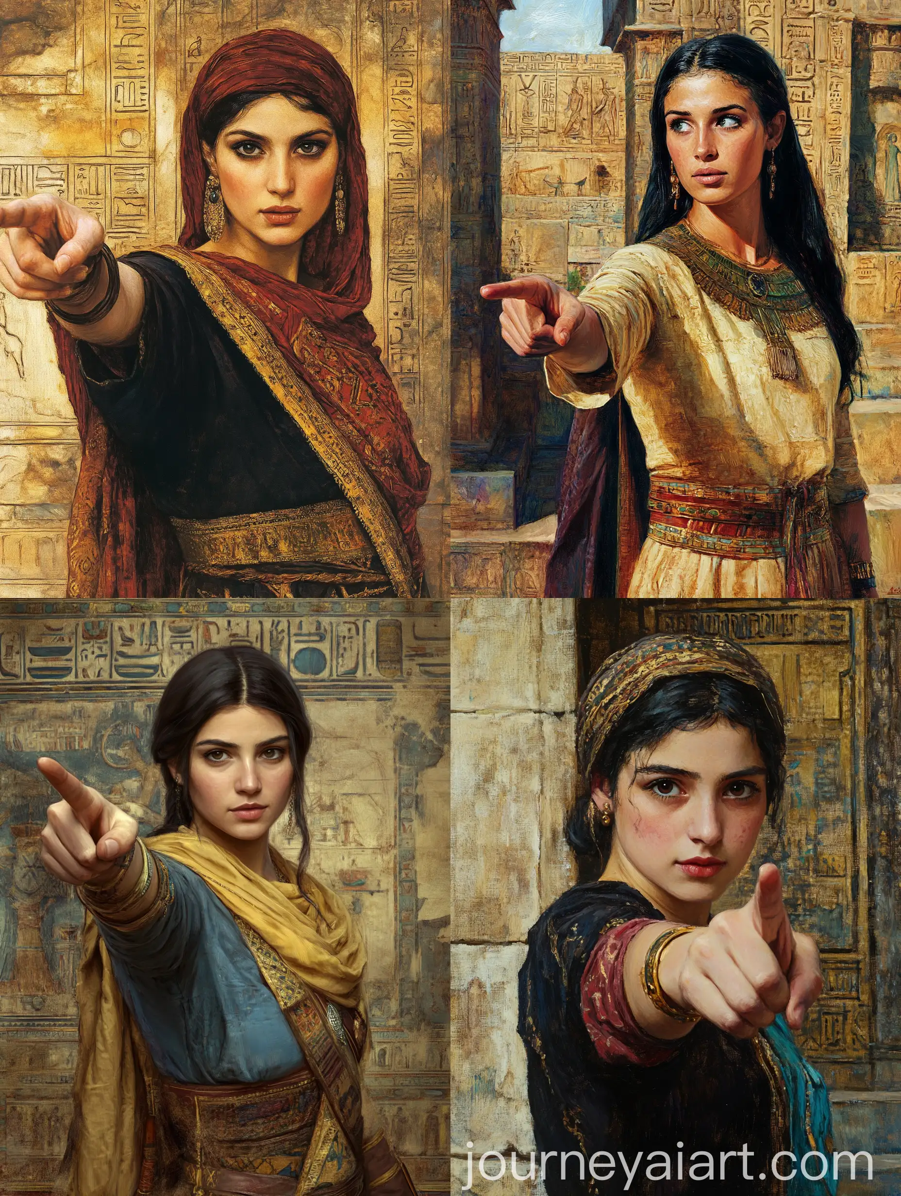 Renaissance-Style-Painting-of-a-Young-Egyptian-Woman-Pointing-Forward-in-Ancient-Local-Garments