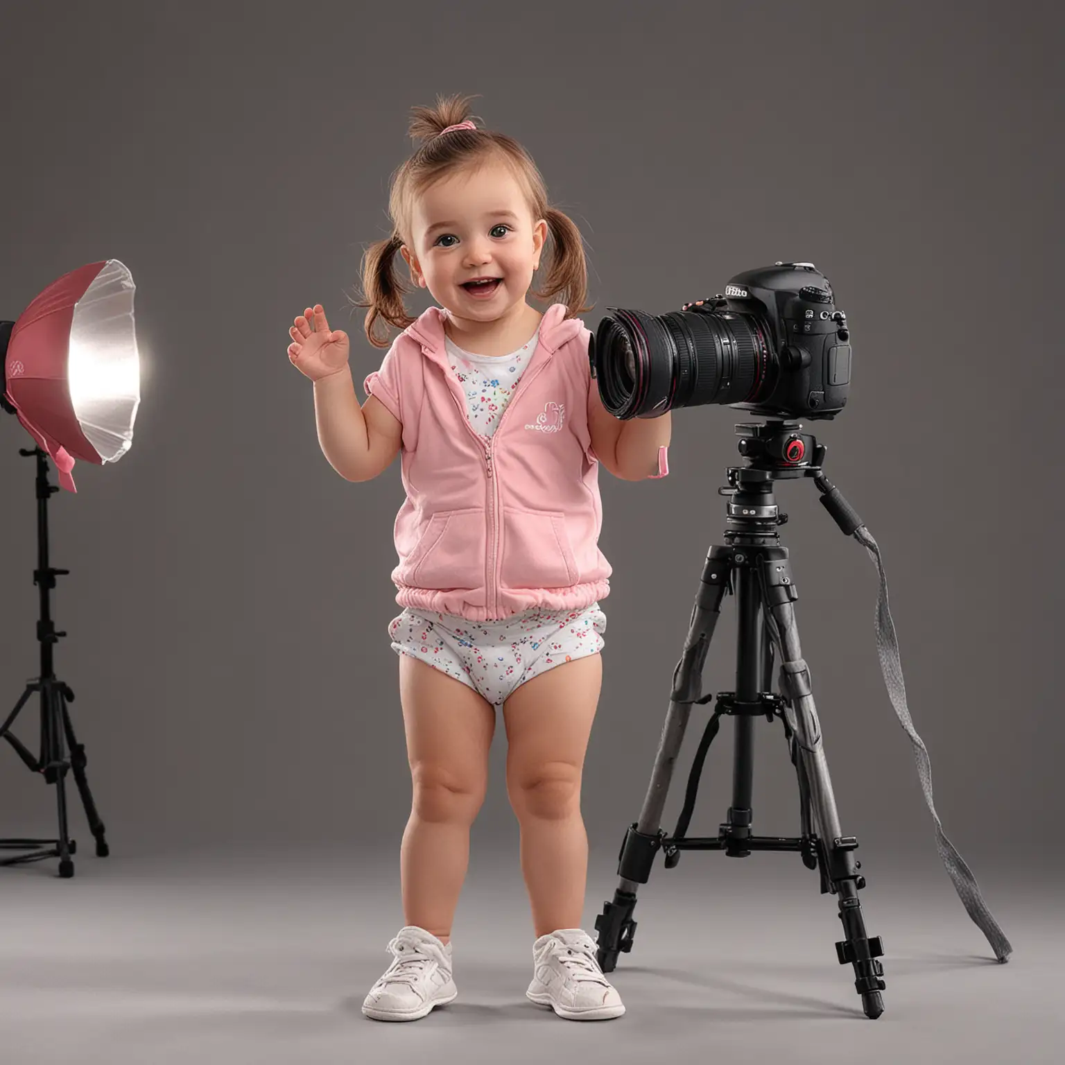 A photo of a cute smiling baby girl in a studio holding a DSLR camera and taking a picture of another baby girl posing and modeling a sports outfit. Studio gear, lighting accessories, and equipment fill the studio. Photorealistic, intricate, elaborate, complex, award-winning photo, people photography, 8K, UHD, HDR, adorable, indoor photography, fashion photography. 