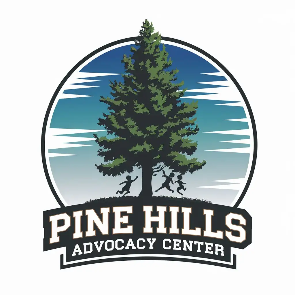 LOGO Design For Pine Hills Advocacy Center Pine Tree with Child Playing Hills Sky Blue Teal Realistic Design