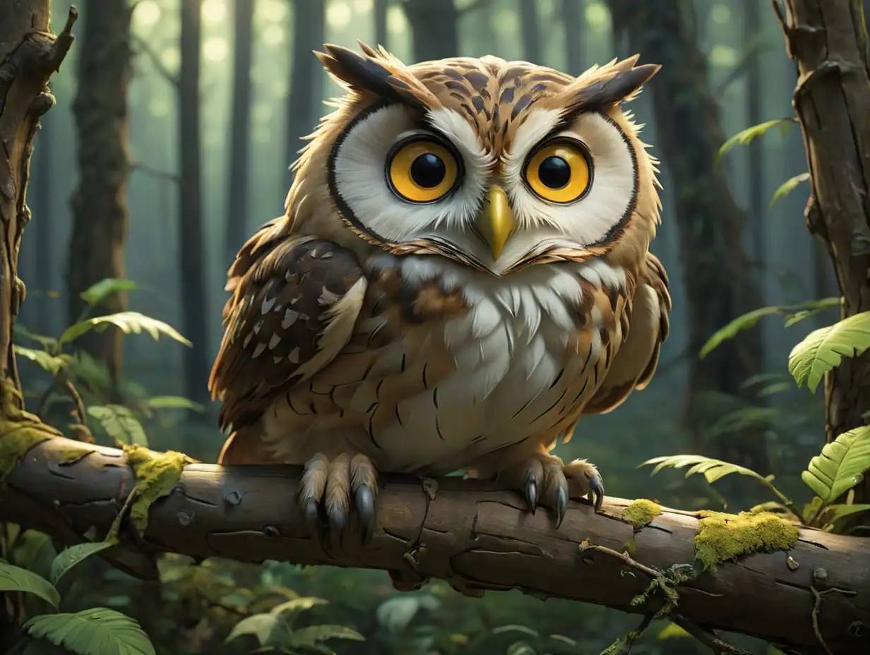 a wide-angle view of an owl perched on a branch in a mysterious forest., 3d disney inspire