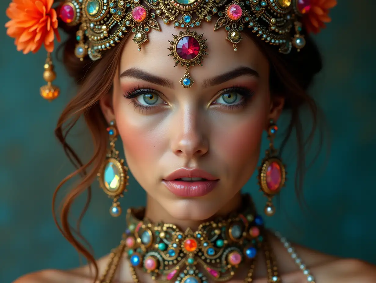 A hyperrealistic portrait of a beautiful woman wearing intricately detailed, colorful and futuristic jewelry.