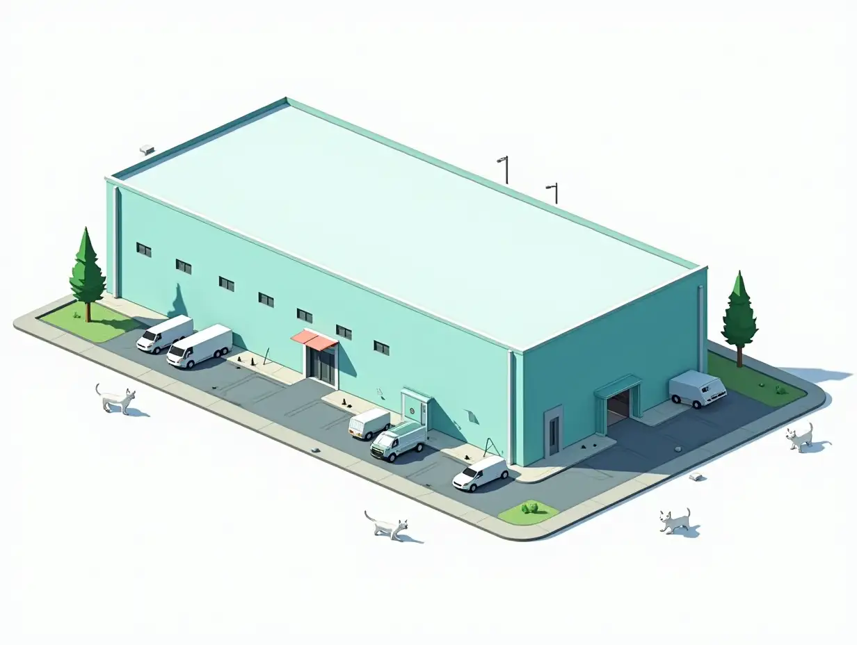 a very long rectangular industrial warehouse with blank walls of light blue with a green tint, parking in front of the building, trees and small white cats in the image of office employees, Sticker design - top view, high resolution, vector graphics, white background, anime-style coloring