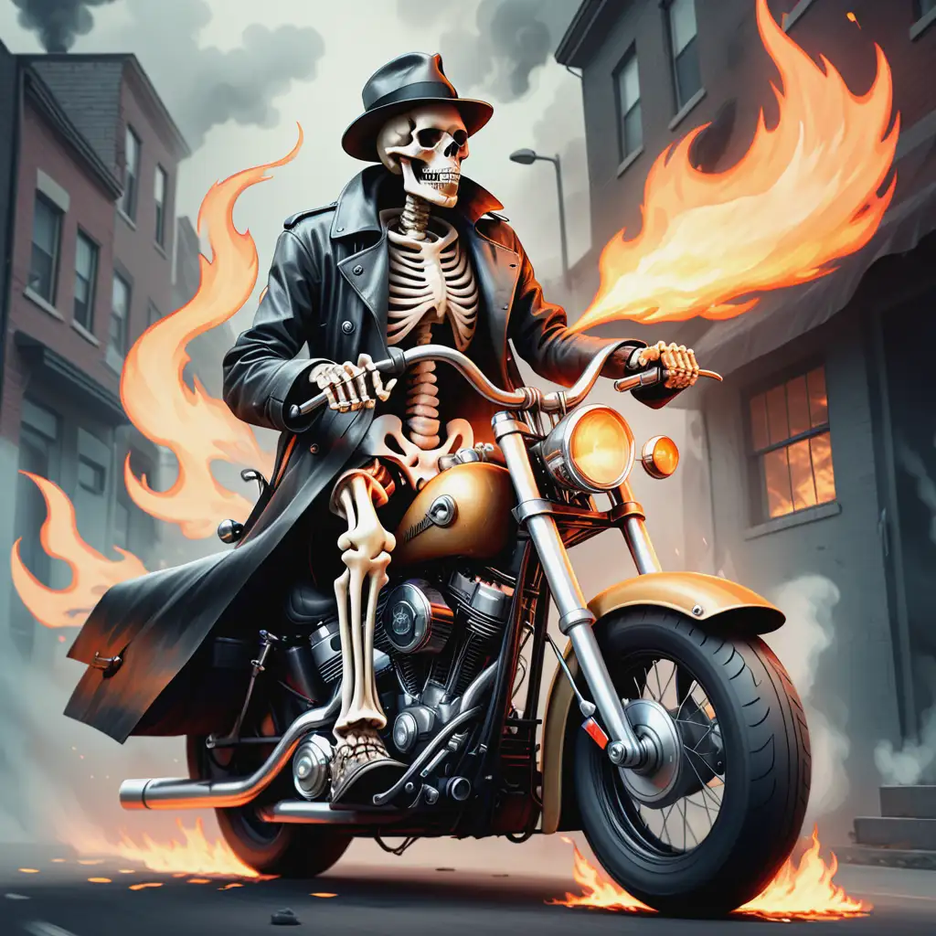 Fantasy Skeleton Riding Harley Motorcycle with Trenchcoat and Hat