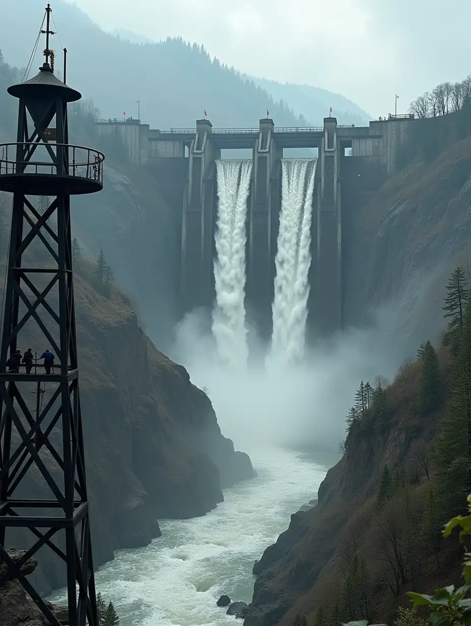 From a black tower I see that a nearby, very tall hydroelectric power plant is about to collapse. Cracks have appeared in its walls, through which water is already pouring. At the moment the picture is taken, rocks and pieces of concrete are already flying in the air, and soon a huge amount of water will pour down into the valley.