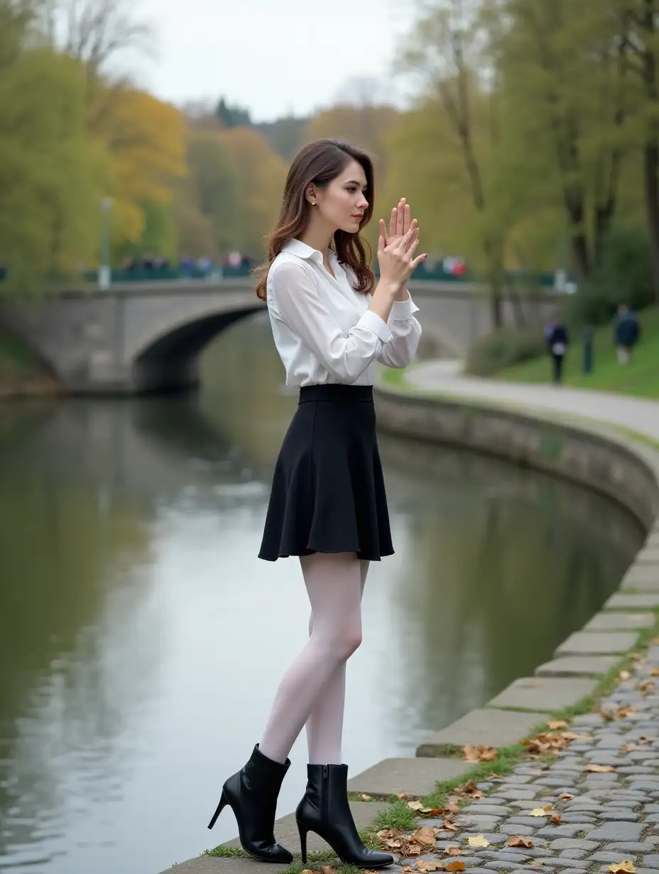 A slender, pretty young European woman with brown hair, dressed in a white blouse, a black short skirt, thin white tights, black leather ankle boots with stilettos. A woman stands on a cobblestone embankment, next to a park, and with her hands folded the fingers of both hands into a rectangle - 'frame cropping' looks through her fingers folded into a square - at the bridge in front of her. The angle is a woman, side view, full-length, from head to toe.