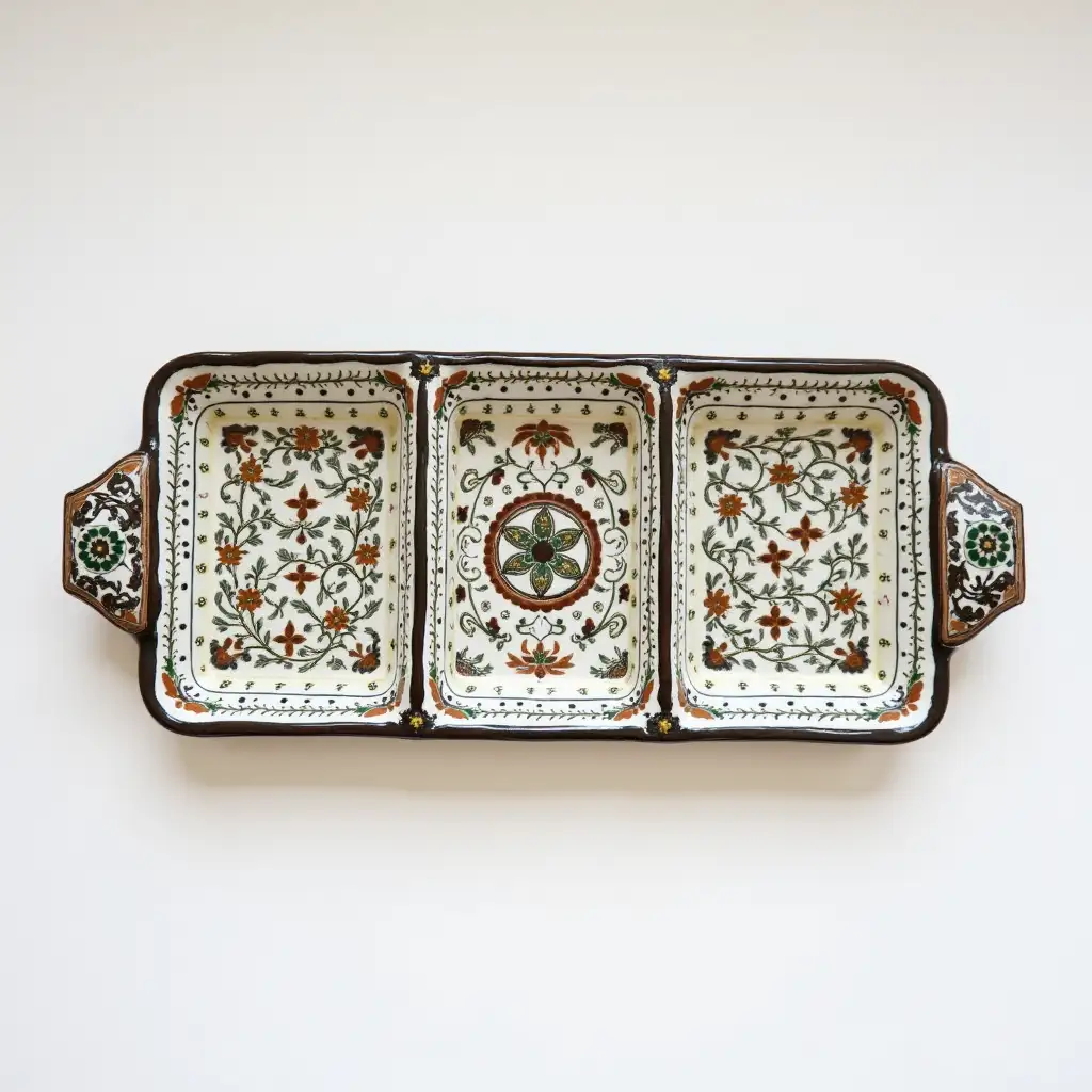 Three divided rectangle ceramic tray plate with embossed beautiful ceramic handle, Underglaze painting on white body, Fine art, Hyper detailed, Antique and old, Qajar art, Iranian Tabriz carpet design