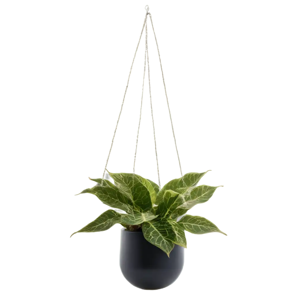 a beautiful photo of a pendulum ampel plant with huge swinging elongated leaves in a pot hanging on a chain