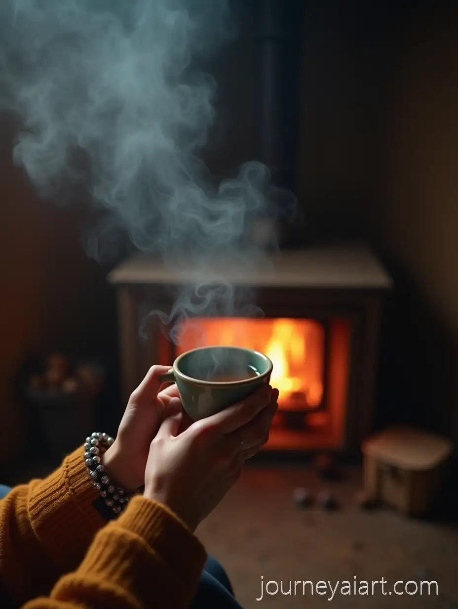 Mother-Peeling-Sweet-Potatoes-by-the-WoodBurning-Stove-with-Steaming-Teacup-in-Hand