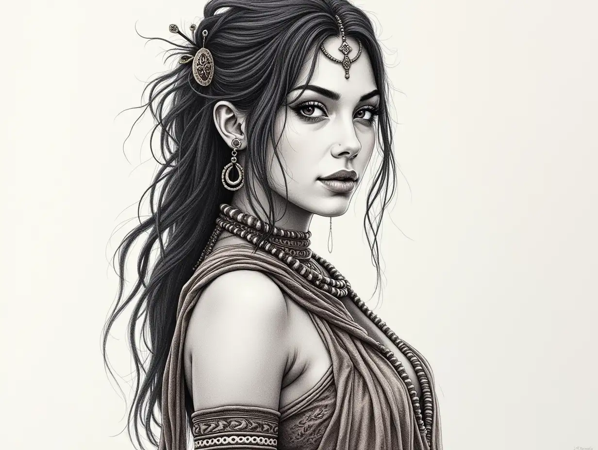 Create a highly detailed crayon drawing of a beautiful woman with pale skin and dark hair wearing a tribal outfit.