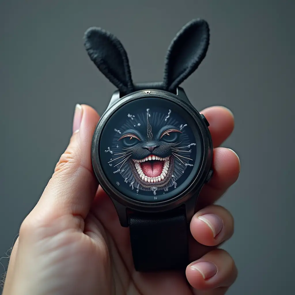 Create hyper-realistic image of a handheld smart watch with water gushing in the center with black bunny ears, whiskers and long teeth, 3D, 4K