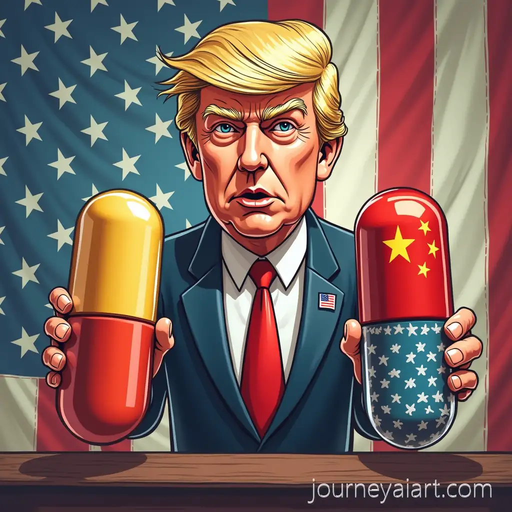 Comic-Trump-Pointing-at-Chinese-and-American-Capsules-with-Executive-Order-Background