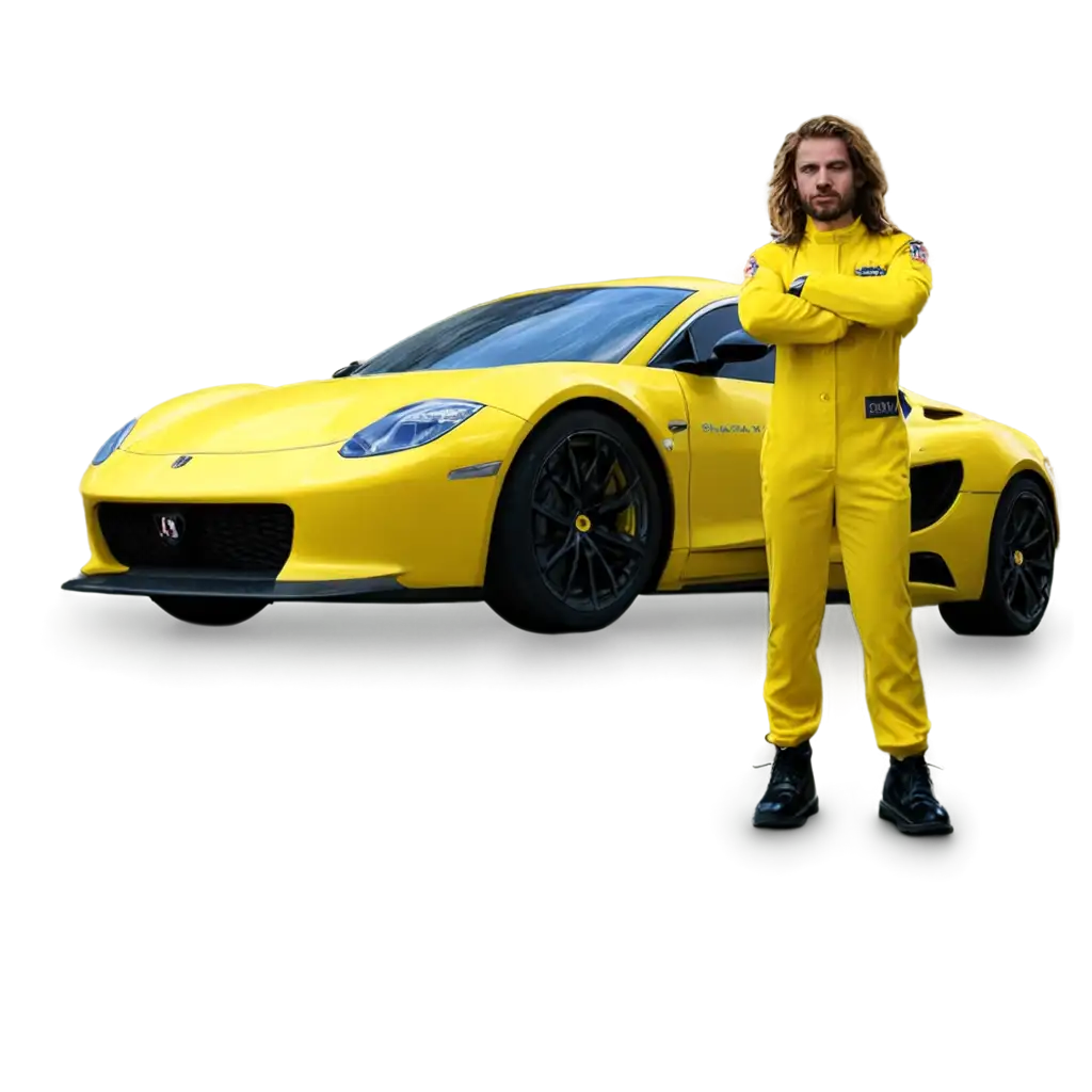 Dynamic-PNG-Image-of-a-Yellow-Sports-Car-Lion-in-Cyber-Uniform-and-Futuristic-Building