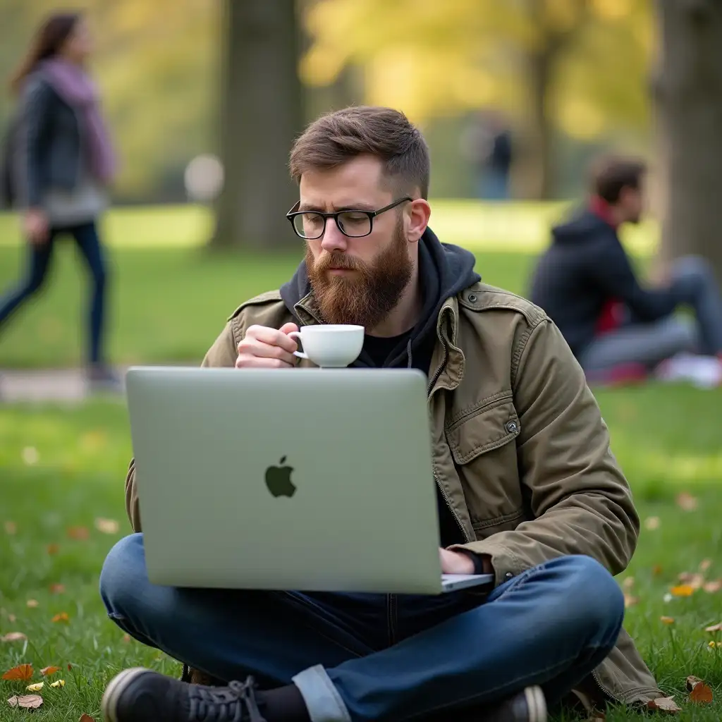 A man dedicated to the life of a digital nomad is sitting in a park. He is working on his iMac and drinking a cup of coffee. In the park there are other people in the background.