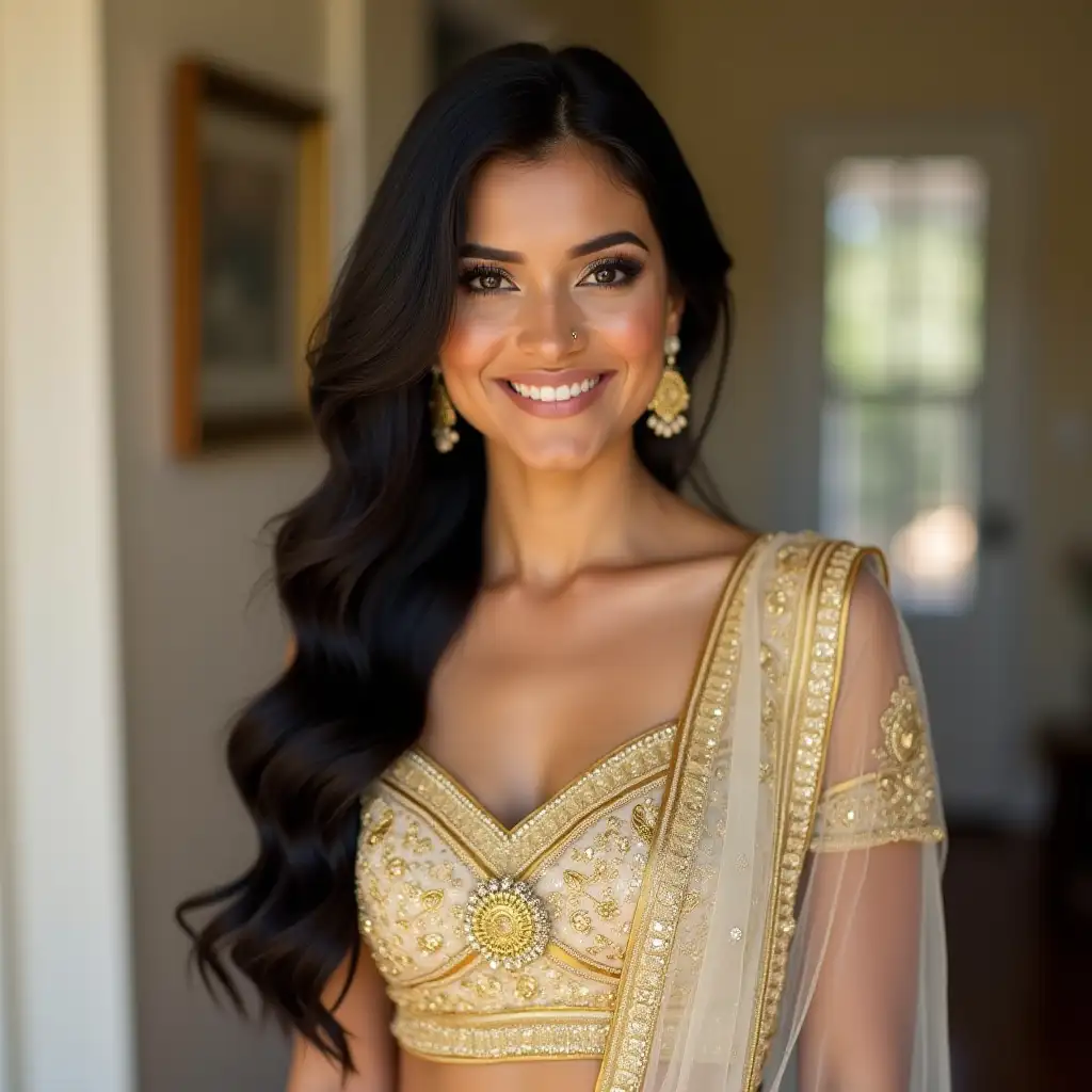 Smiling-Indian-Model-in-Golden-and-White-Traditional-Bridal-Dress-at-Home