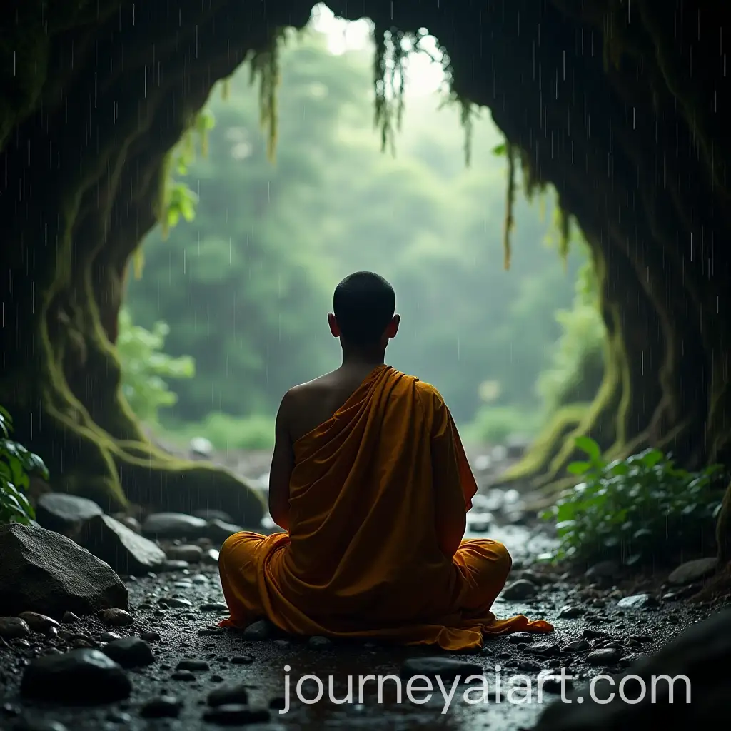 Buddhist-Monk-Meditating-in-Forest-Cave-with-Rainy-BackgroundAI-Art-Prompt-Expansion