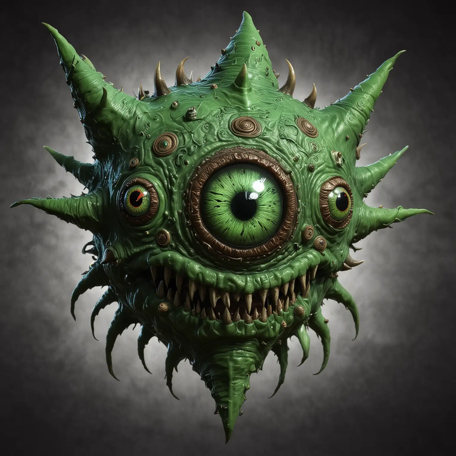 Fantasy GreenSkinned Beholder Monster in Dungeon Lair