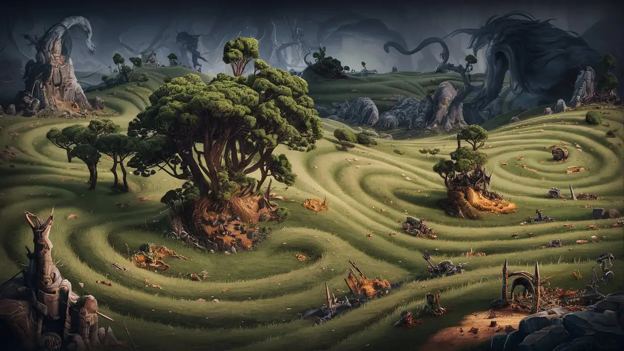 Whimsical Dark Bandersnatch Art Fantasy Tree Groves and Rocky Embankments