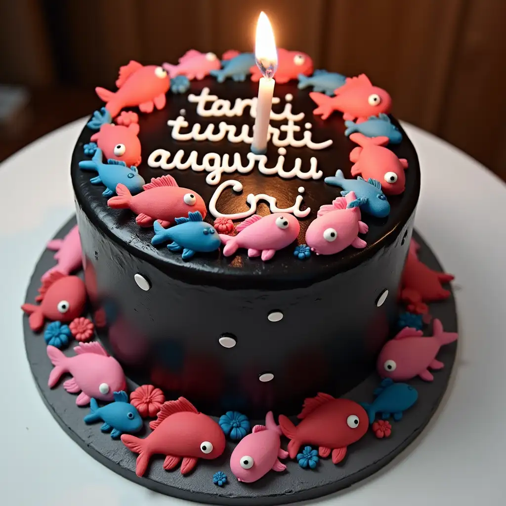 Birthday cake black and pink, decorations with red and blue fish with the writing ‘tanti auguri Cri’