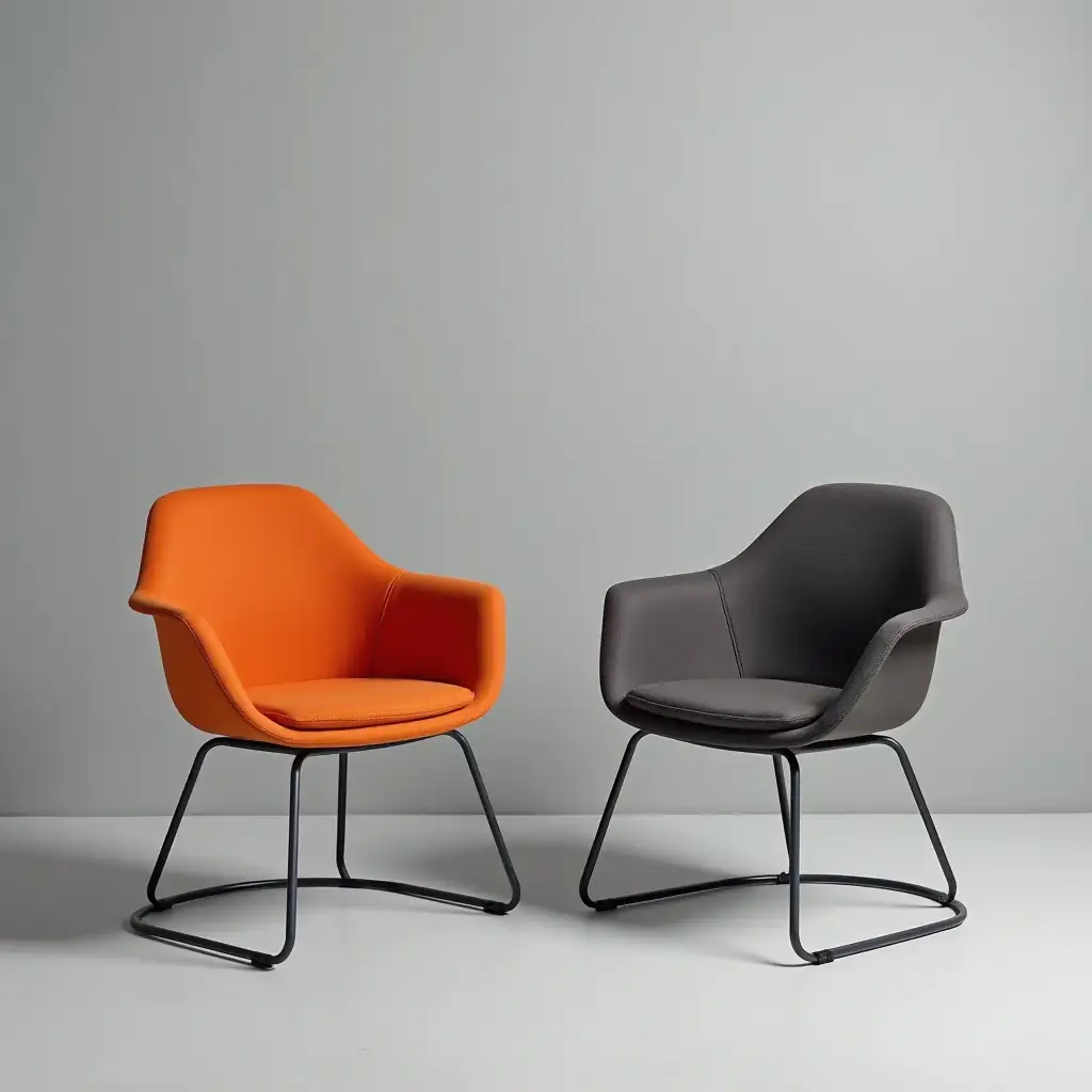 two compact soft orange and dark gray chairs on metal legs on a gray photo zone cover for a catalog