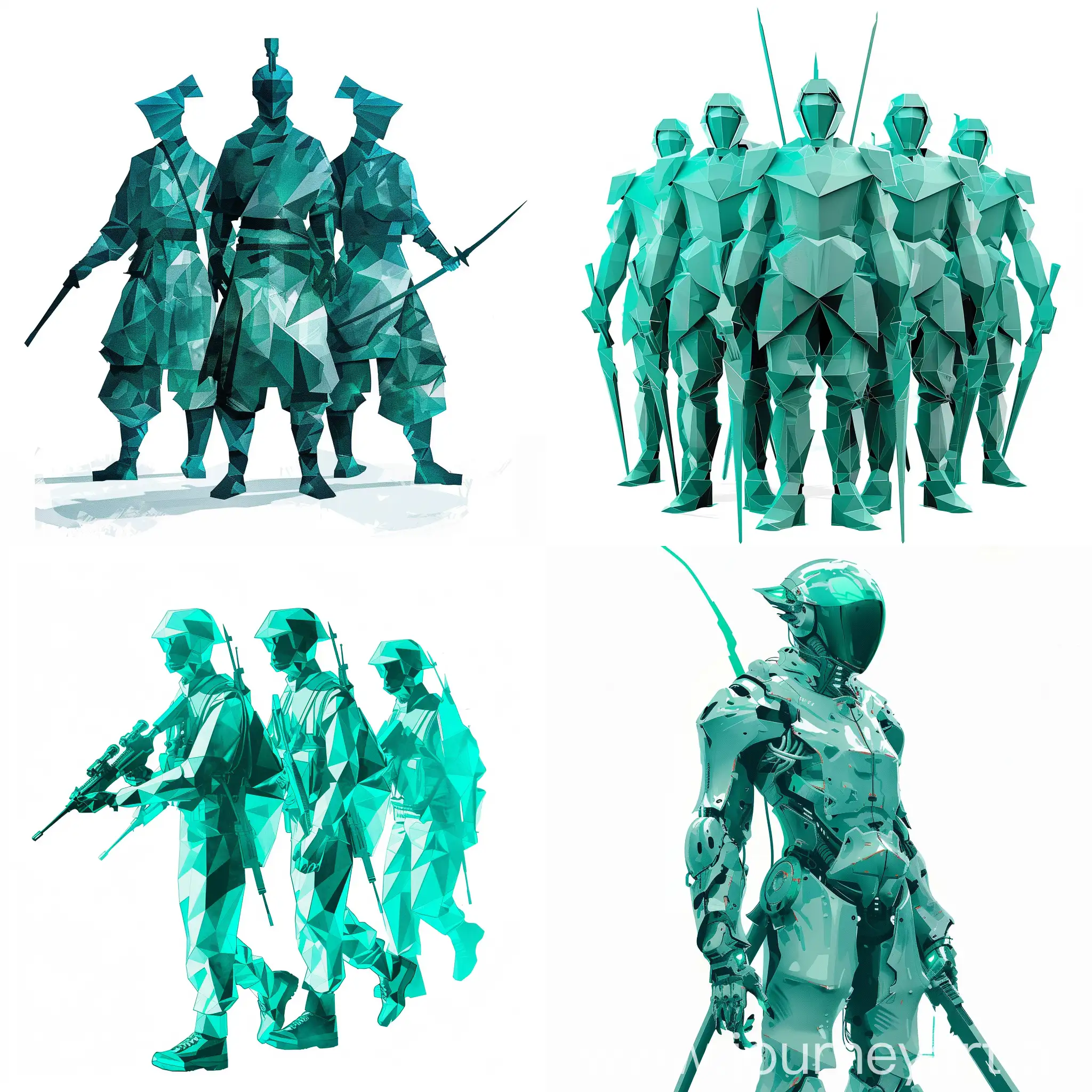 Futuristic-Asian-Soldiers-in-Turquoise-on-White-Background