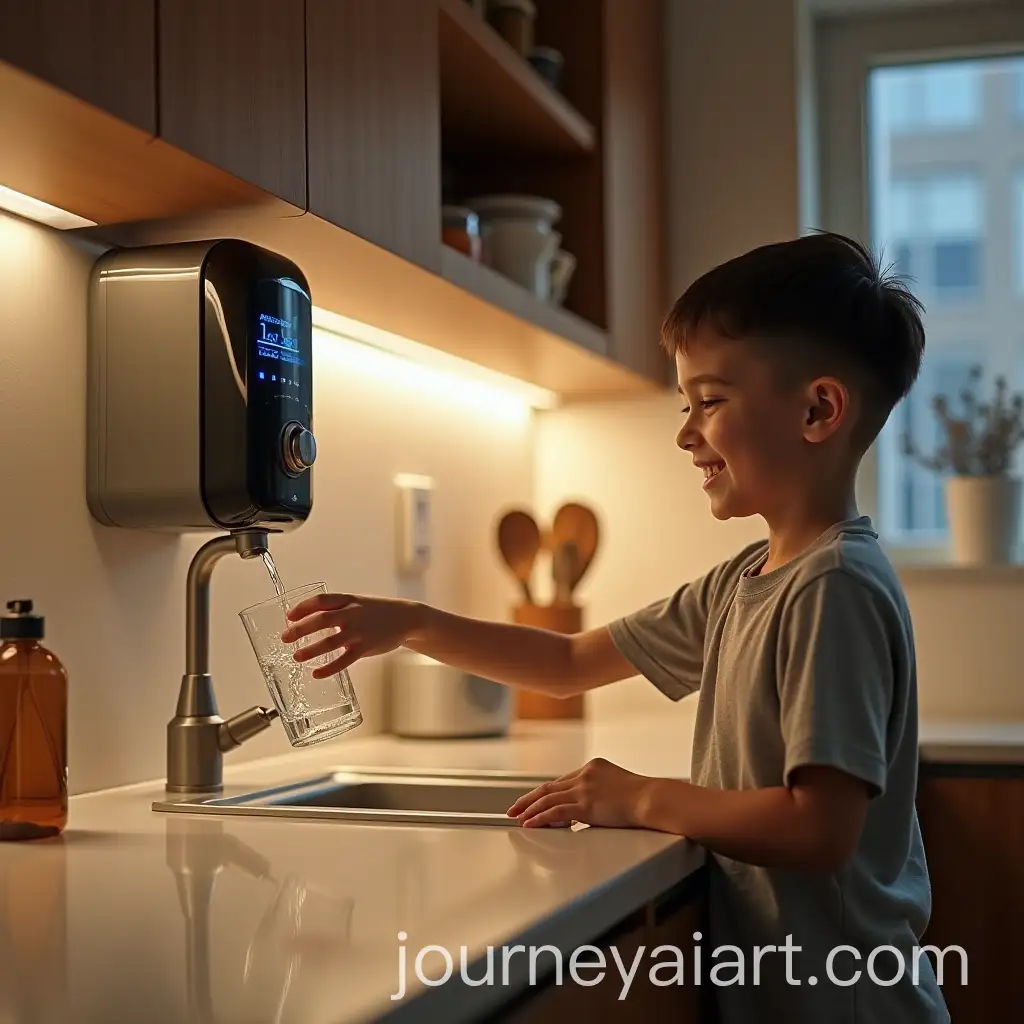 Young-Boy-Filling-Glass-with-Water-in-Modern-Kitchen-with-WallMounted-Purifier