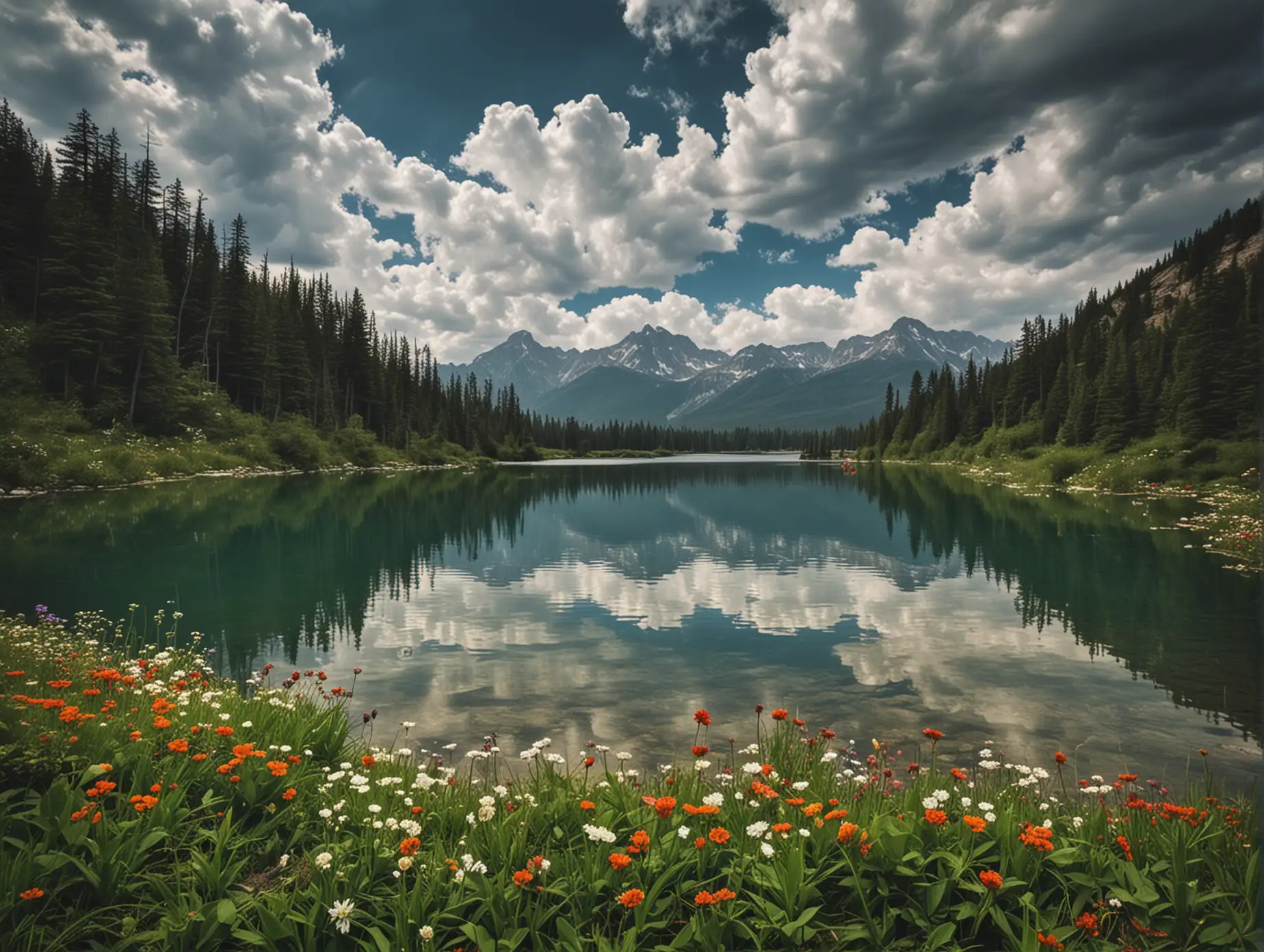 Serene-Lake-Landscape-with-Woods-and-Mountain-View