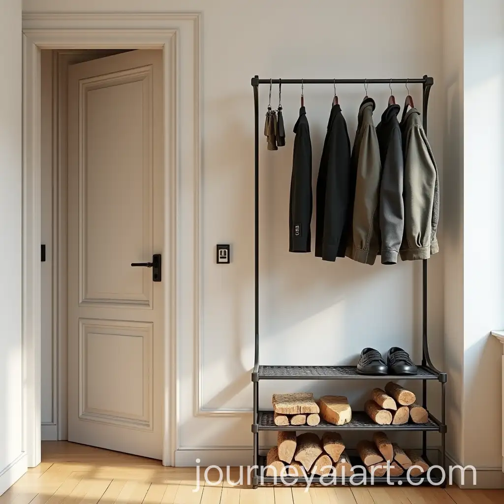 Modern-Apartment-Hallway-with-Custom-Metal-Work-Clothes-Hanger-and-Firewood-Storage