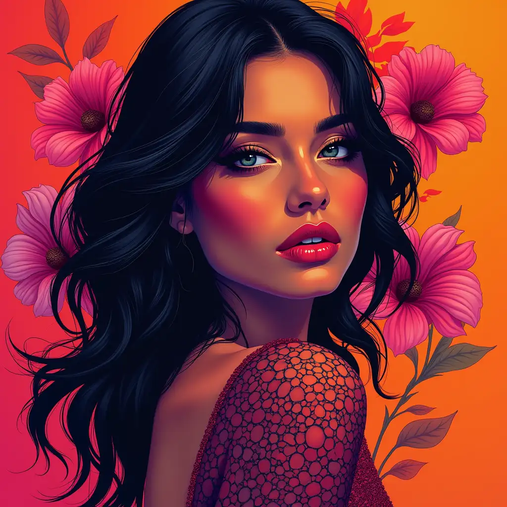 Create a woman in a vibrant pop-art style with bold color contrasts, smooth gradients, and high saturation, deep reds, oranges, and purples dominate the palette with neon highlights, a strong interplay of warm and cool tones creating striking visual depth, flowing abstract patterns and organic floral elements integrated seamlessly, dramatic lighting enhances contrast and highlights edges, a composition with dynamic symmetry and artistic framing, smooth, refined brush strokes with crisp linework and soft blending, an overall sense of elegance with a hint of mystery.