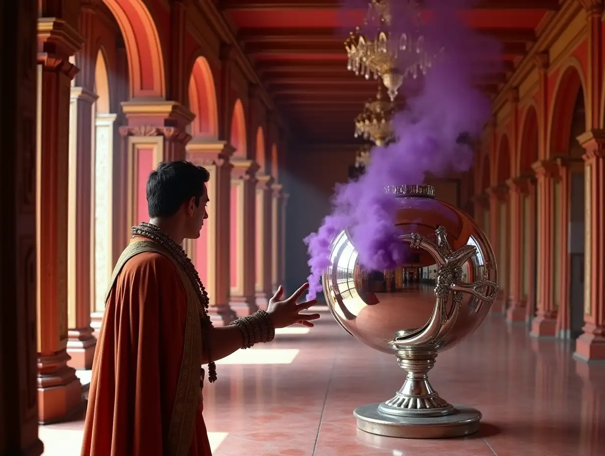 Maharaja-in-Red-and-Gold-Palace-with-Purple-Smoke-and-Chrome-Shiva-Statue