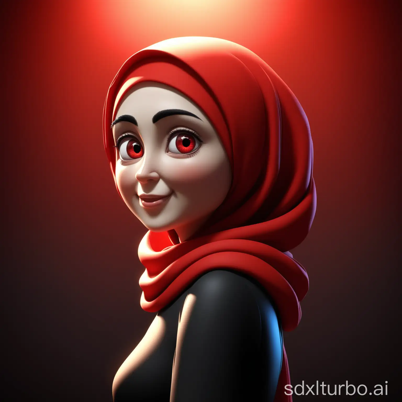 Realistic-Cartoon-Style-Woman-in-Red-Hijab-and-Black-Dress