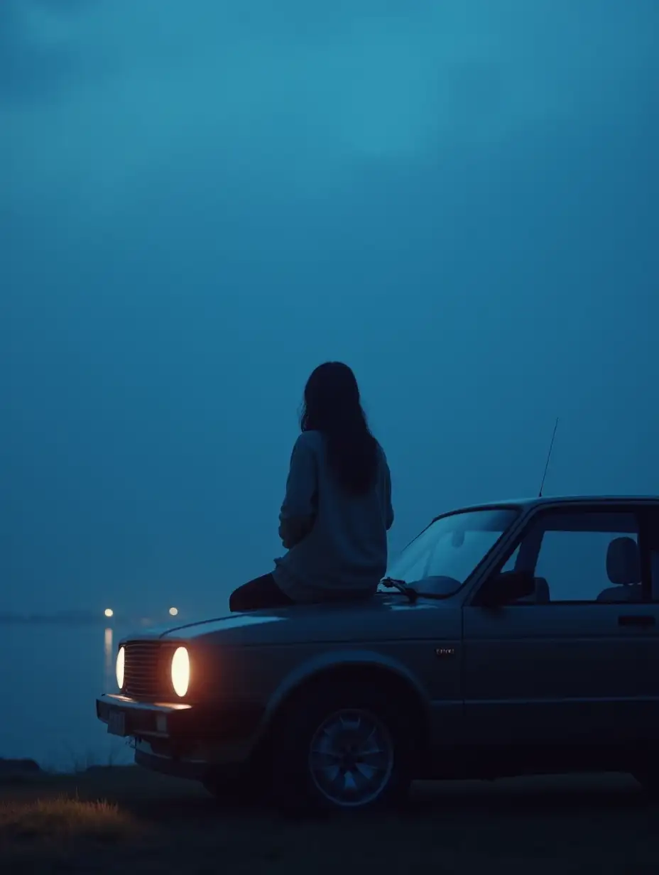 Silhouette-of-a-Girl-Sitting-on-Car-Roof-by-the-Beach-at-Dusk