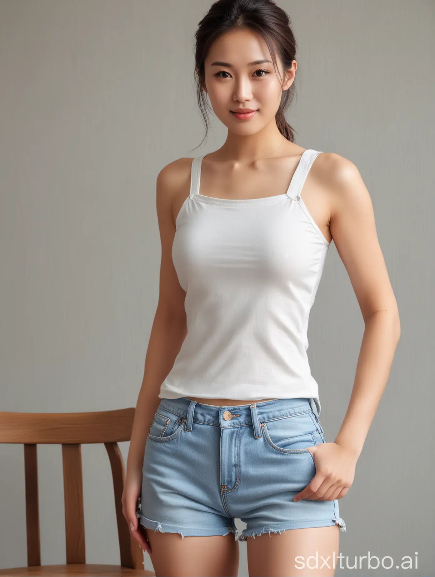 32 year old Chinese woman, 173 cm tall, 68 kg weight, attractive and beautiful facial features, fair skin, tall and slim figure, well-defined curves, has a little bit of abs, perfect hourglass figure, golden ratio body shape, medium length hair, diagonal French braid, white sleeveless top, light blue denim short pants, bare legs with black high heels with red bottom