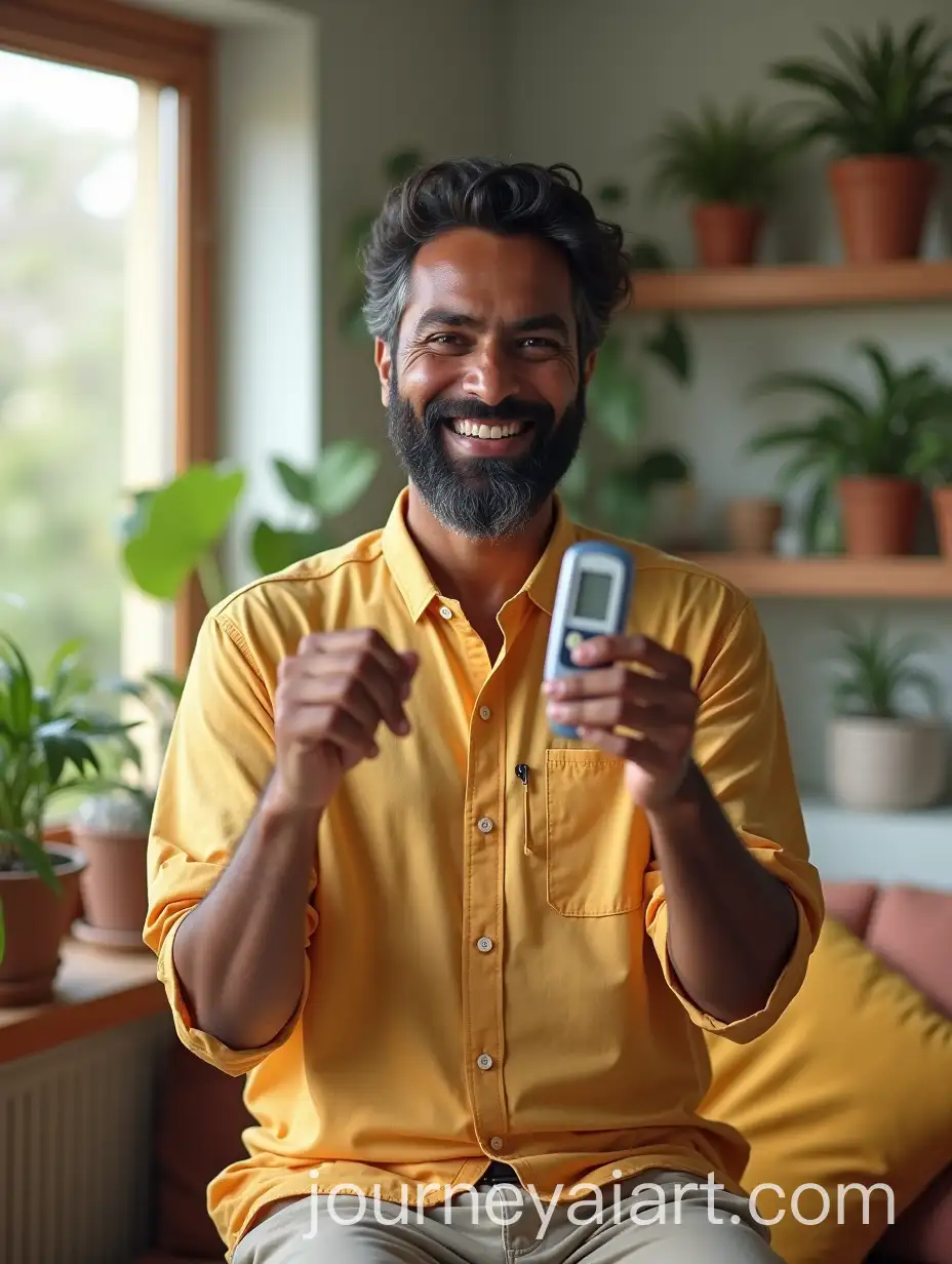 Cheerful-Indian-Husband-in-PlantFilled-Living-Room-Holding-Glucometer