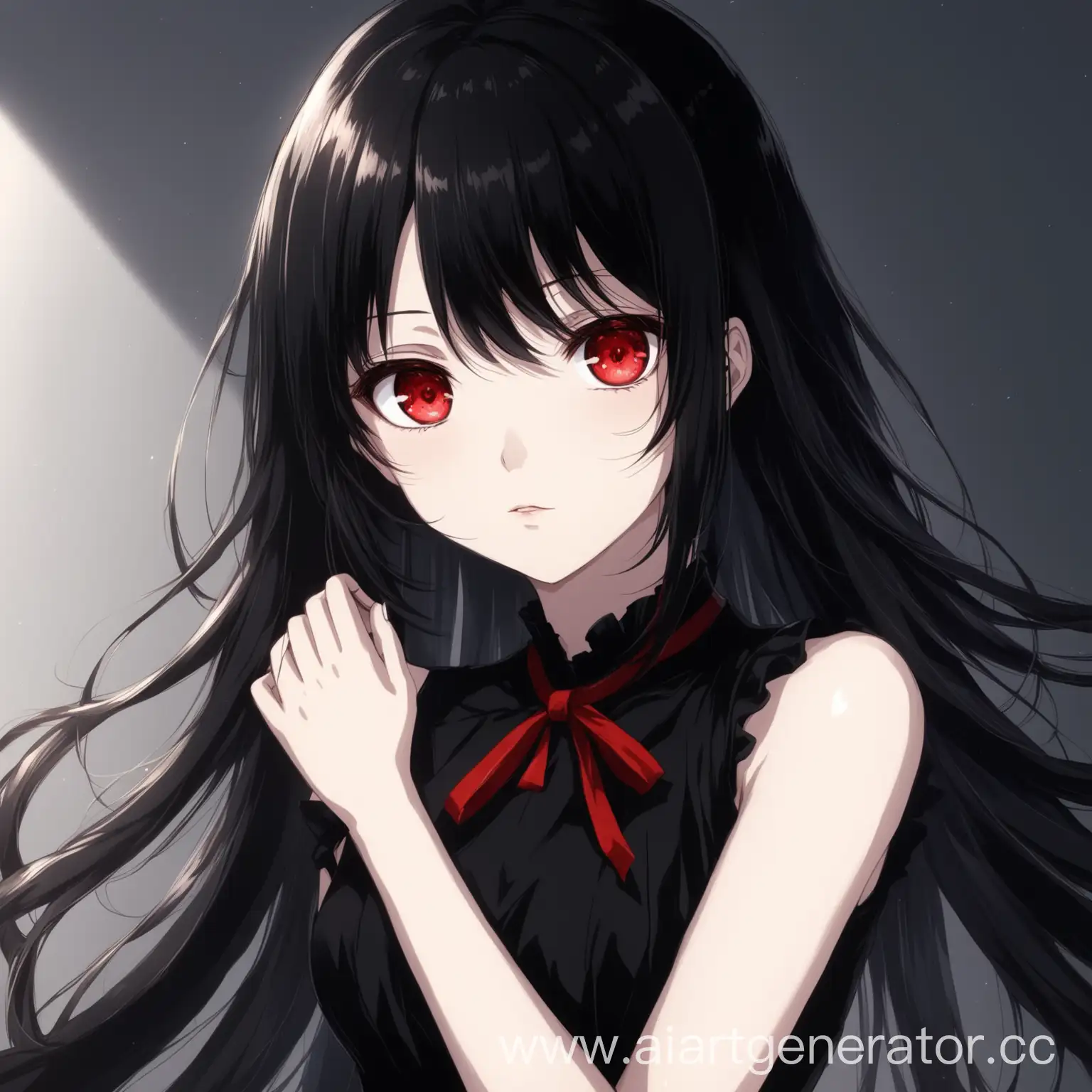 Elegant-Anime-Girl-with-Black-Hair-in-Stylish-Black-Dress-and-Red-Eyes