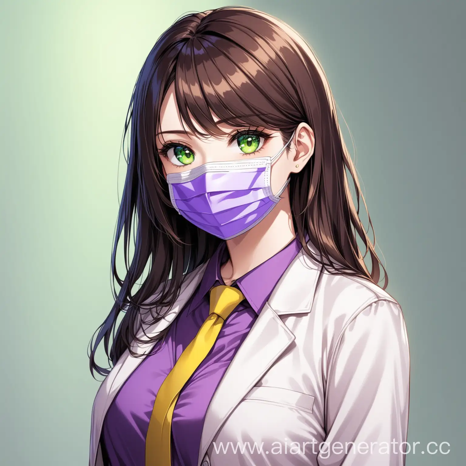 Young-Woman-with-Dark-Brown-Hair-and-Green-Eyes-Wearing-Purple-Medical-Mask-and-Jacket