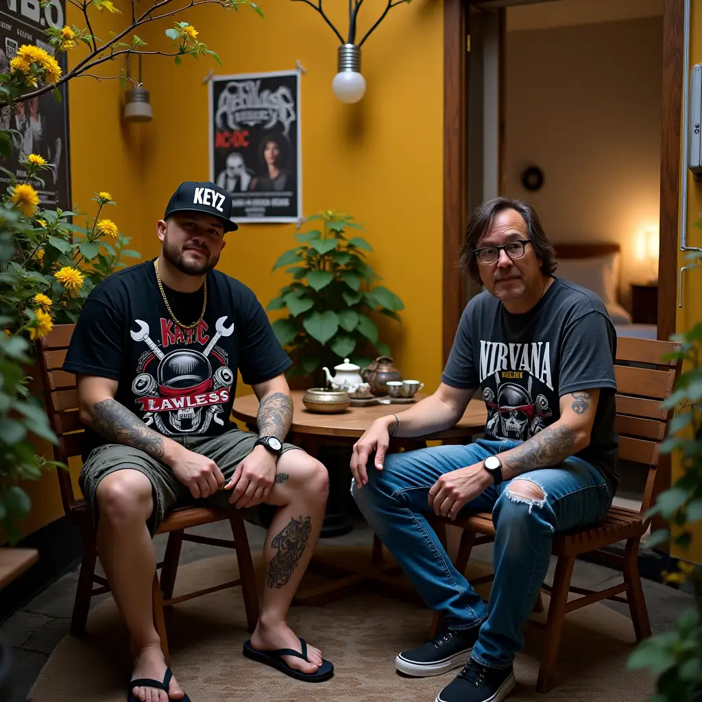 Two-Men-in-Cozy-Courtyard-with-Rock-Band-Posters-and-Tea-Setup