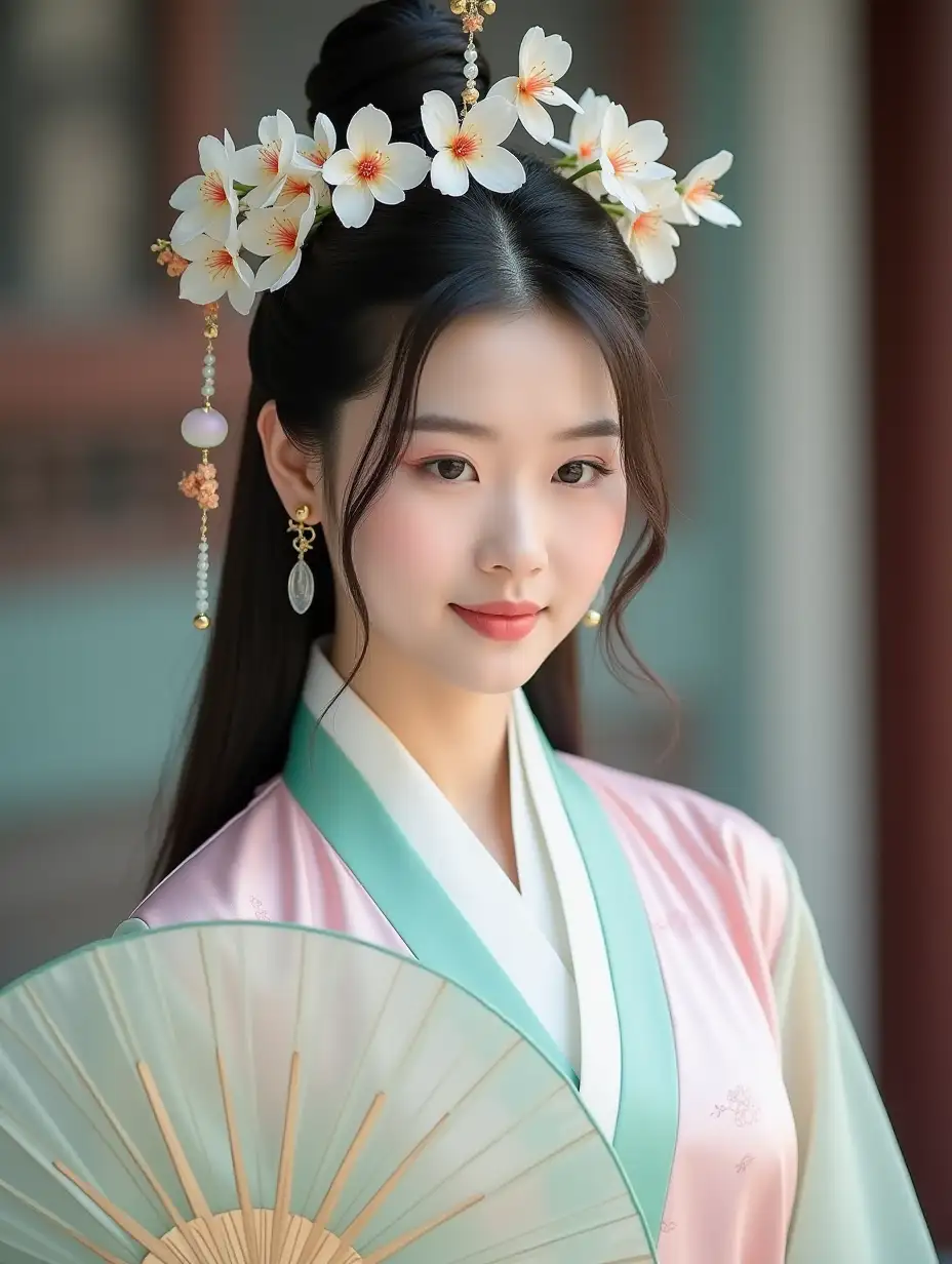 Young woman in traditional Hanfu dress in soft pink and mint green colors, holding a translucent circular fan with floral motifs. Wearing an elaborate flower crown headpiece with white cherry blossoms and hanging ornaments. Long straight dark hair styled traditionally with some strands framing the face. Soft natural lighting, shallow depth of field with blurred traditional architecture in background. Shot in portrait orientation with professional camera, dreamy atmosphere, subtle bokeh effect. Style: romantic traditional Chinese/Asian fashion photography.