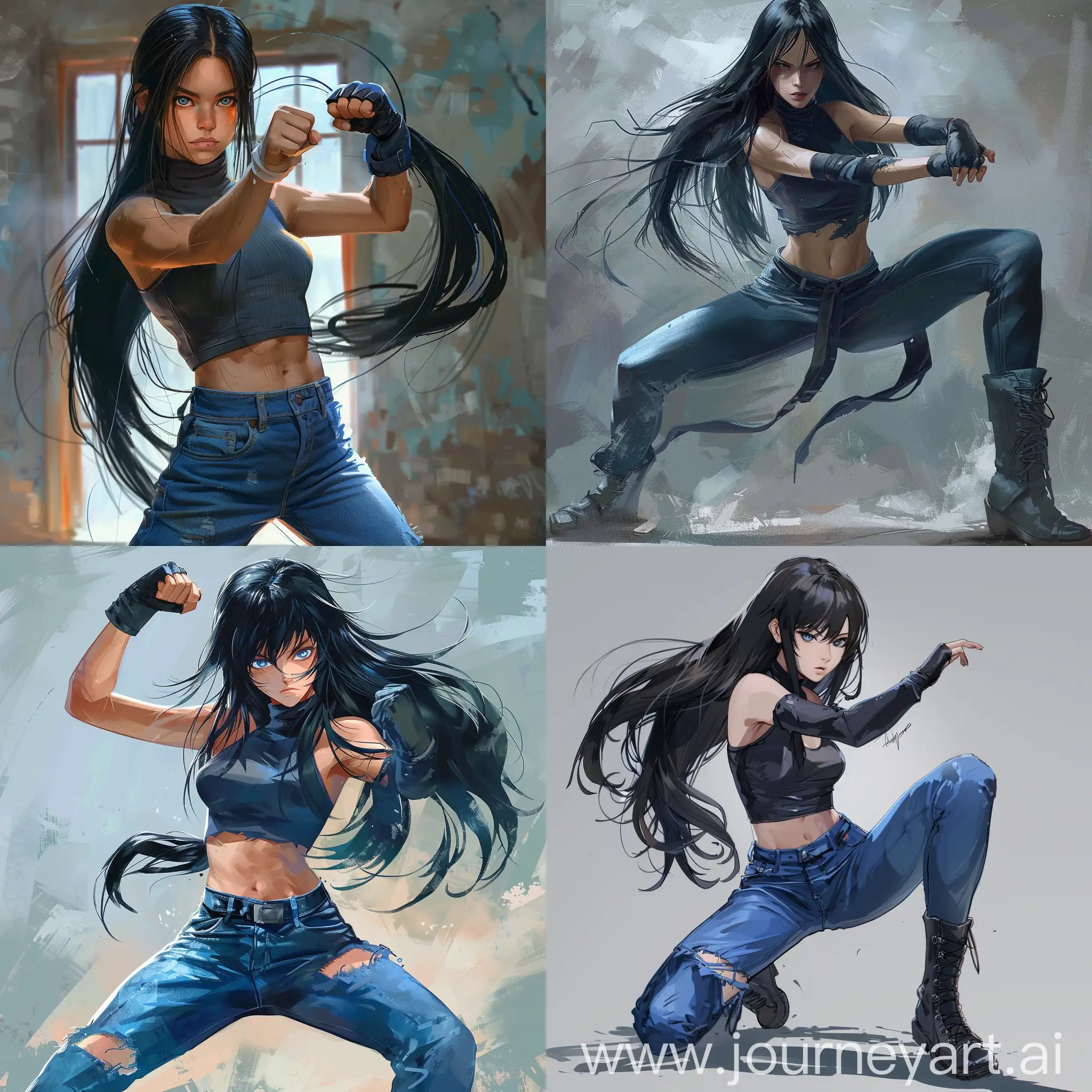 Girl-in-Fighting-Pose-with-Long-Black-Hair-and-Blue-Eyes