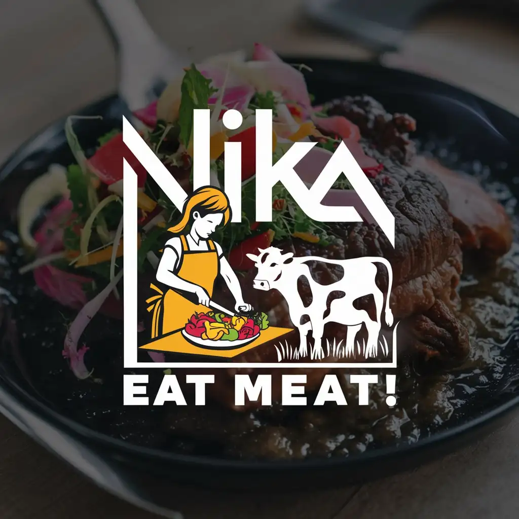 a logo design,with the text "Nika, eat meat!", main symbol:A girl is cooking and cutting salad, with a cow standing next to her eating grass. A plate of meat is depicted in the background,complex,be used in Others industry,clear background