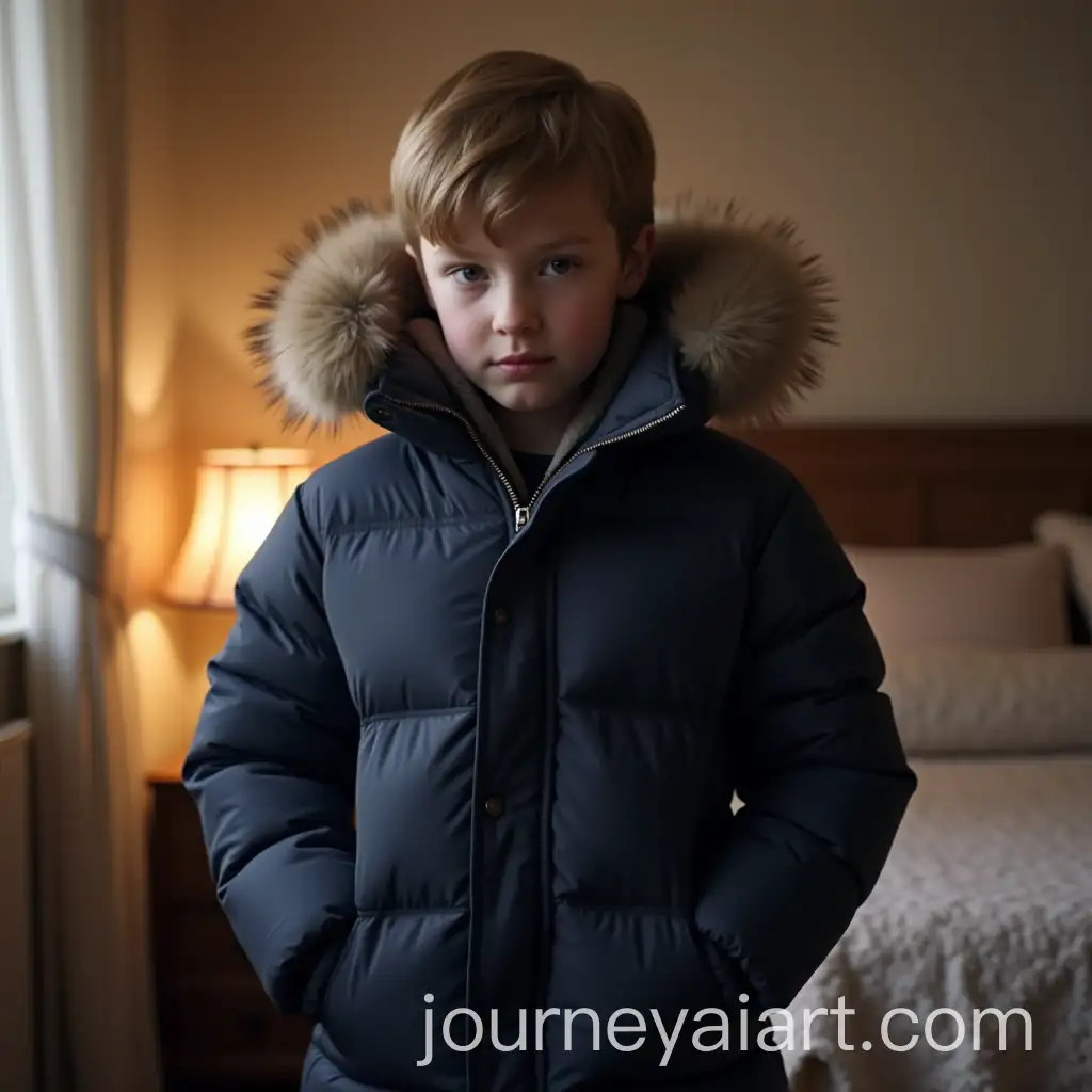 Shy-Boy-in-Extra-Puffy-Navy-Winter-Coat-with-Plush-Fur-Hood-in-Cozy-Bedroom