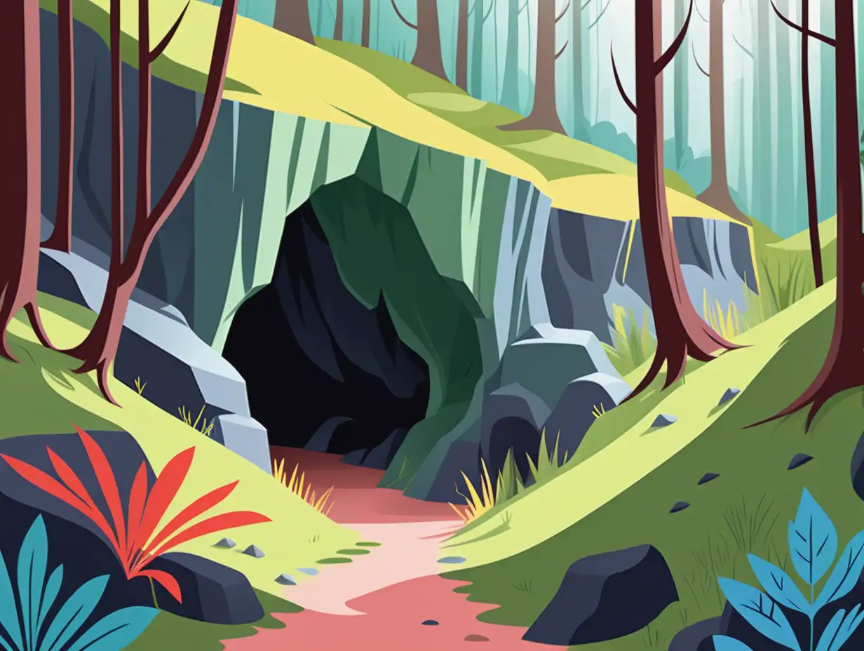 Simple vector drawing touristic cave in the forest. Use pastel colors like green, red, blue and yellow.