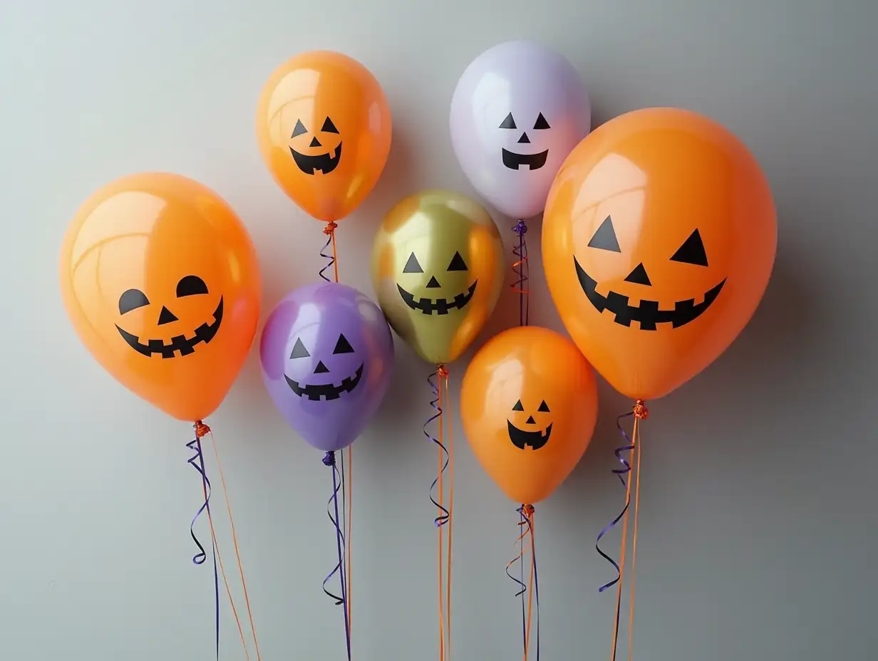 Spooky-Halloween-Balloons-Pop-Against-a-Neutral-Grey-Canvas