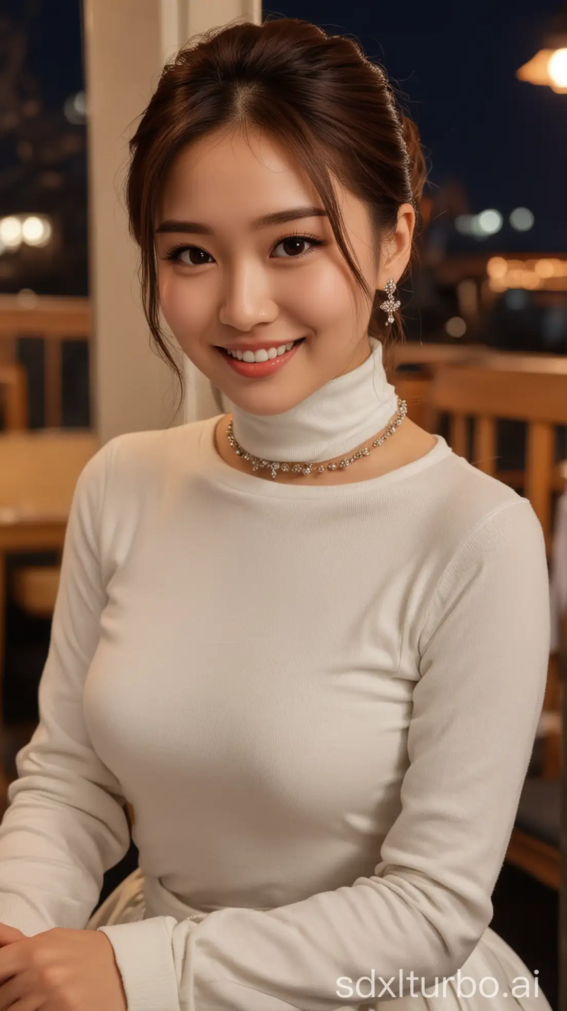 Chinese-Beauty-with-Sweet-Smile-in-Winter-Night-Restaurant-Setting